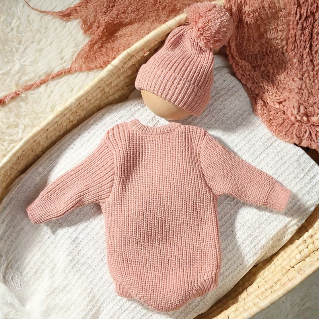 Little Wrangler Knit Romper Set from House of Hide in pink ribbed knit long-sleeve bodysuit with matching pom-pom beanie being displayed on white textured blanket inside woven basket with dusty pink throw