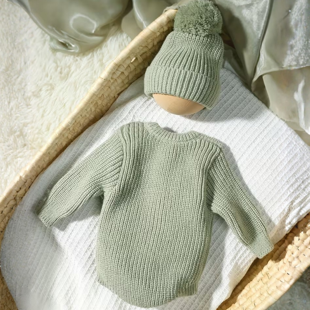 Little Wrangler Knit Romper Set from House of Hide in light sage green ribbed knit baby sweater with matching pom-pom beanie being displayed on mannequin torso inside woven basket with white textured blanket
