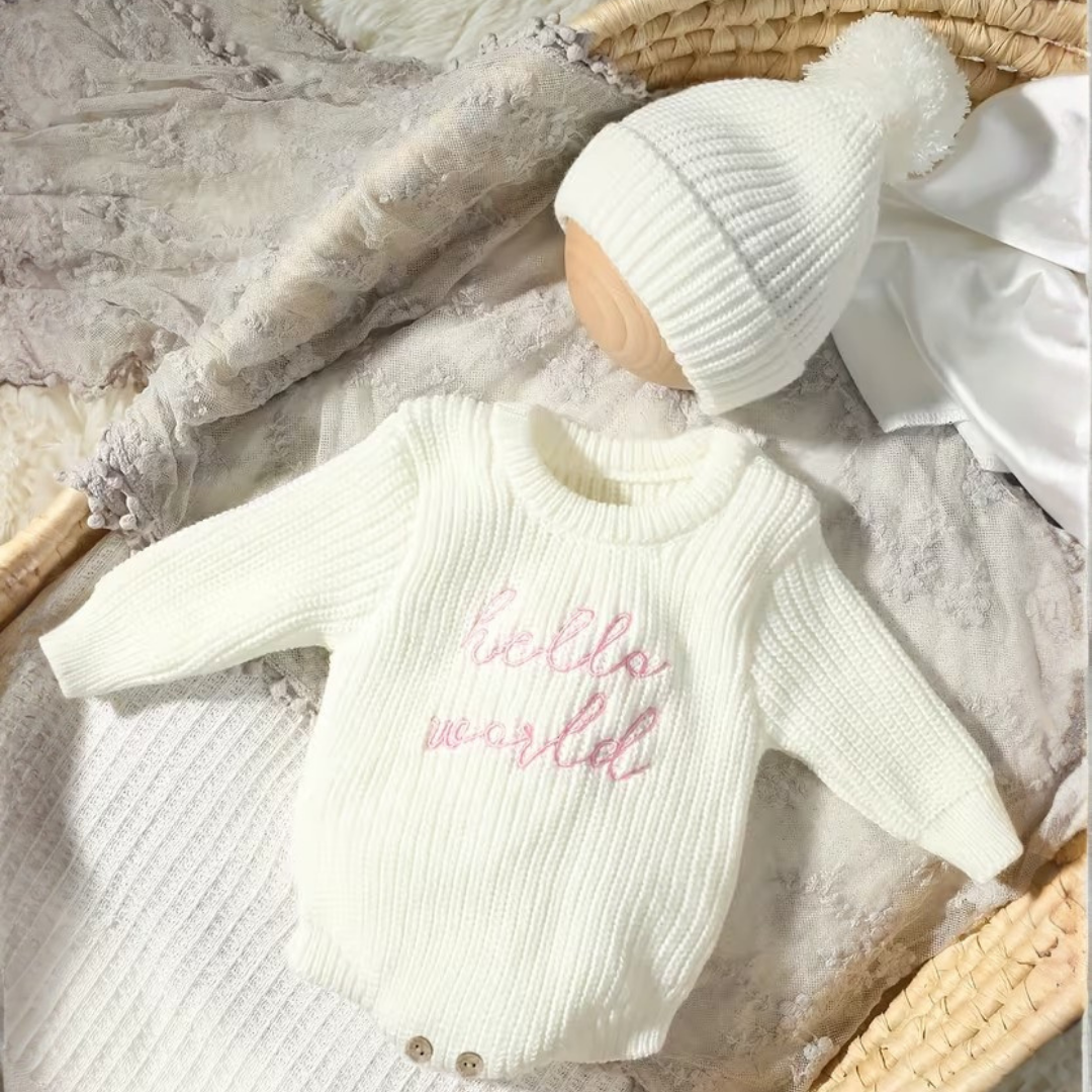 Little Wrangler Knit Romper Set from House of Hide in off-white ribbed knit romper with pink embroidered hello world text and matching off-white pom-pom beanie being displayed on wooden mannequin head in woven basket with soft blankets