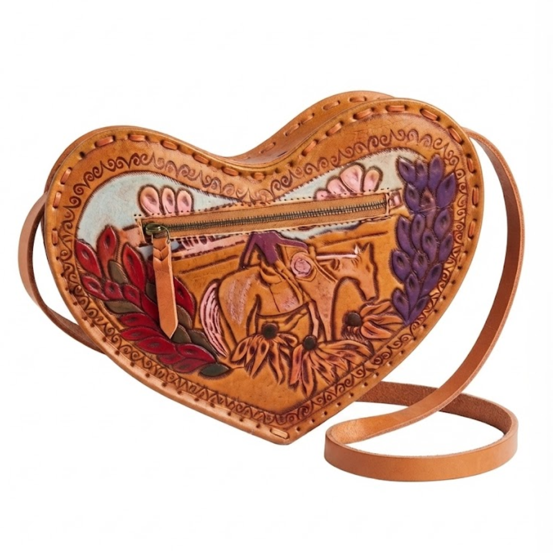 A heart-shaped hand-tooled leather crossbody bag with a western motif, featuring a carved horse, floral patterns, and a gold-tone zipper, shown on a white background.