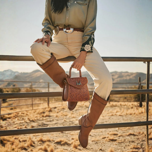 Model wearing House of Hide western fashion sitting on a fence with a scenic desert landscape in the background