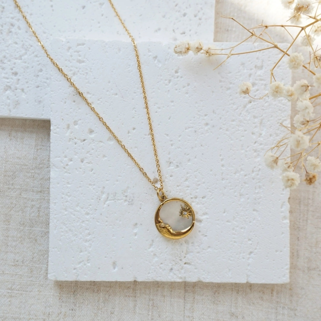 Elegant Luna gold necklace featuring circular moon charm Perth Australia jewellery brand