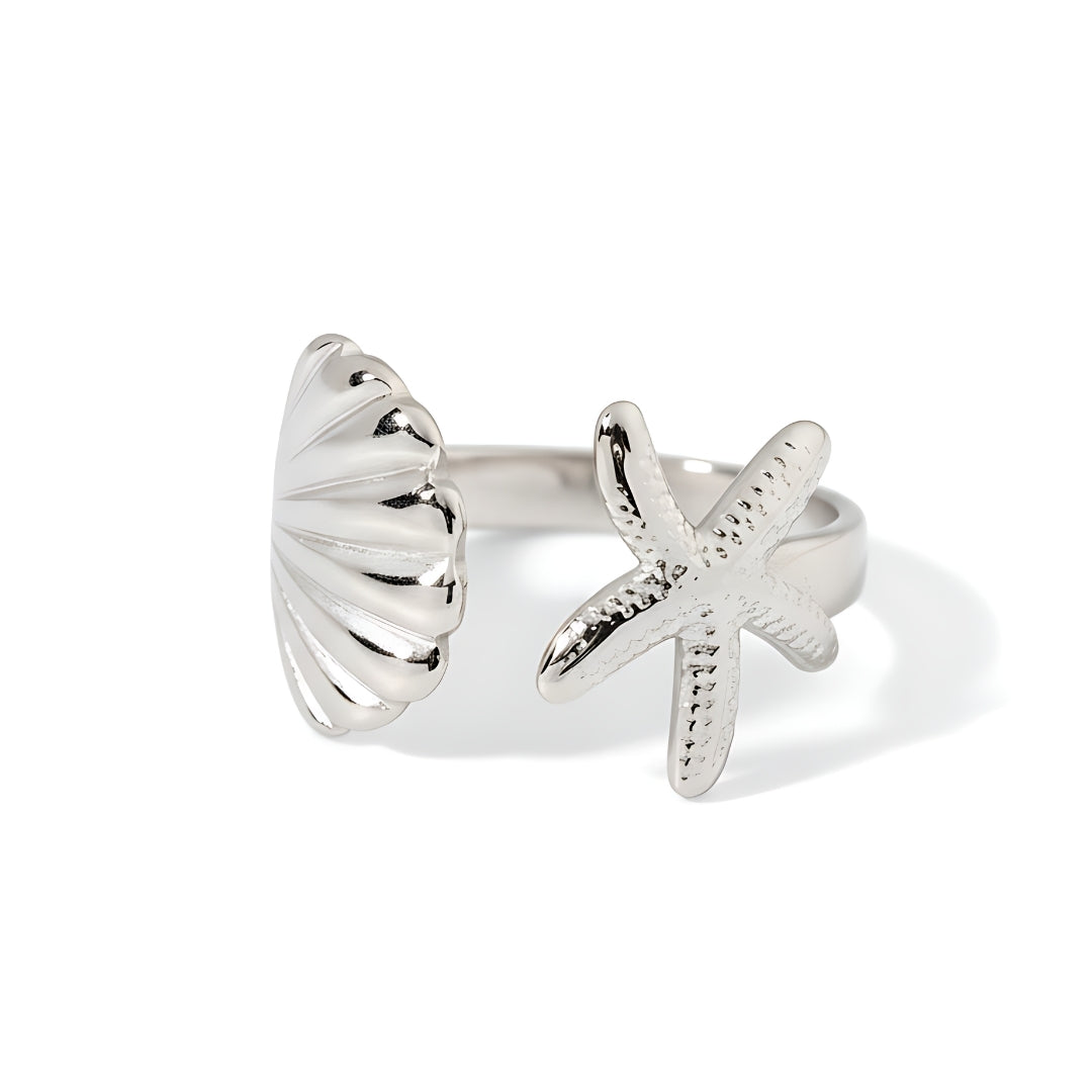 Close-up of Luna Shore Ring Perth Australia Houseofhide showing intricate starfish and seashell accents.