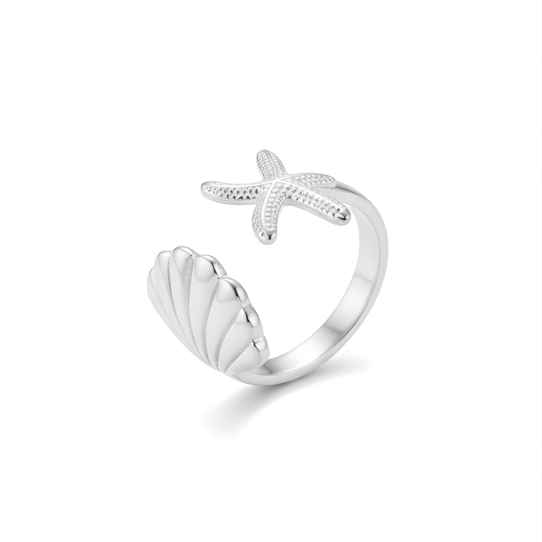 Luna Shore Ring Perth Australia Houseofhide featuring silver-plated stainless steel with starfish and shell detailing.