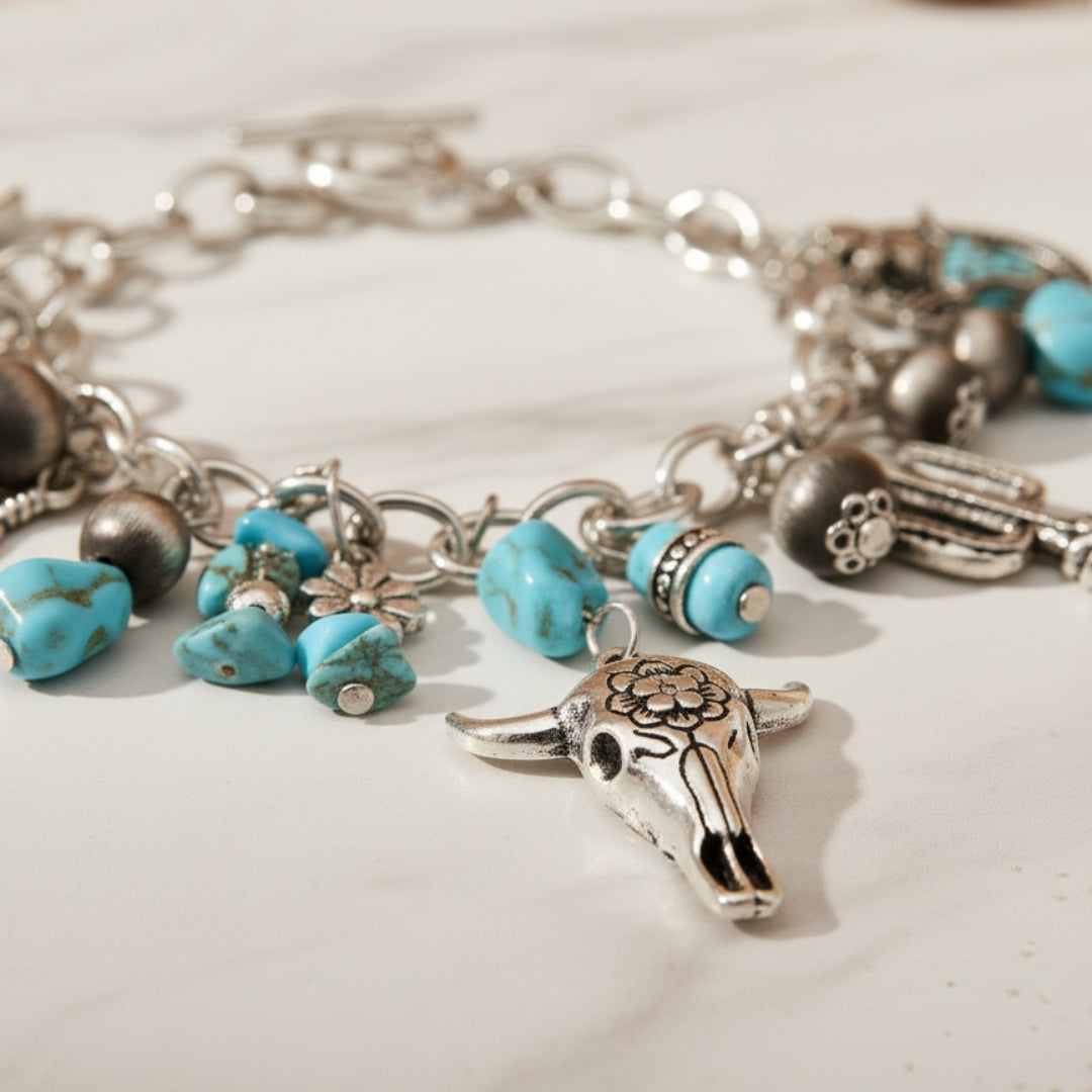 Stylish bohemian bracelet with turquoise accents and animal motifs Perth Australia House of Hide