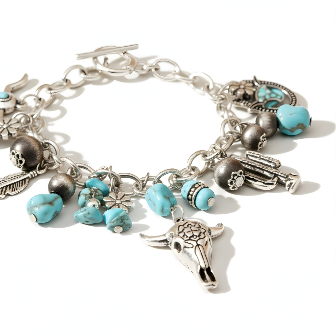Boho bracelet featuring turquoise beads and animal figure charms by House of Hide Perth jewellery