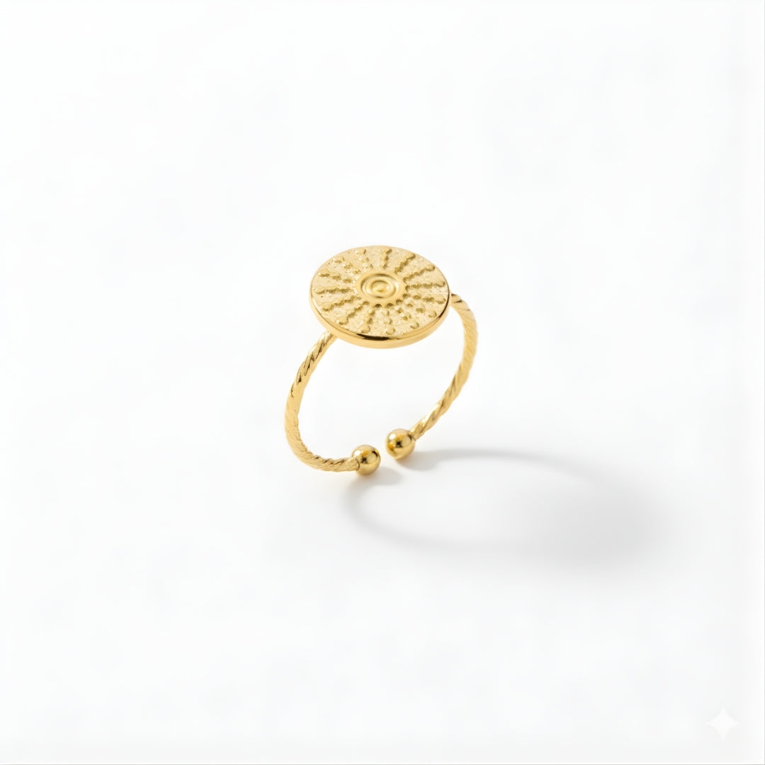 Side view of Marigold Mirage Ring highlighting the textured round disc and sleek handcrafted band.