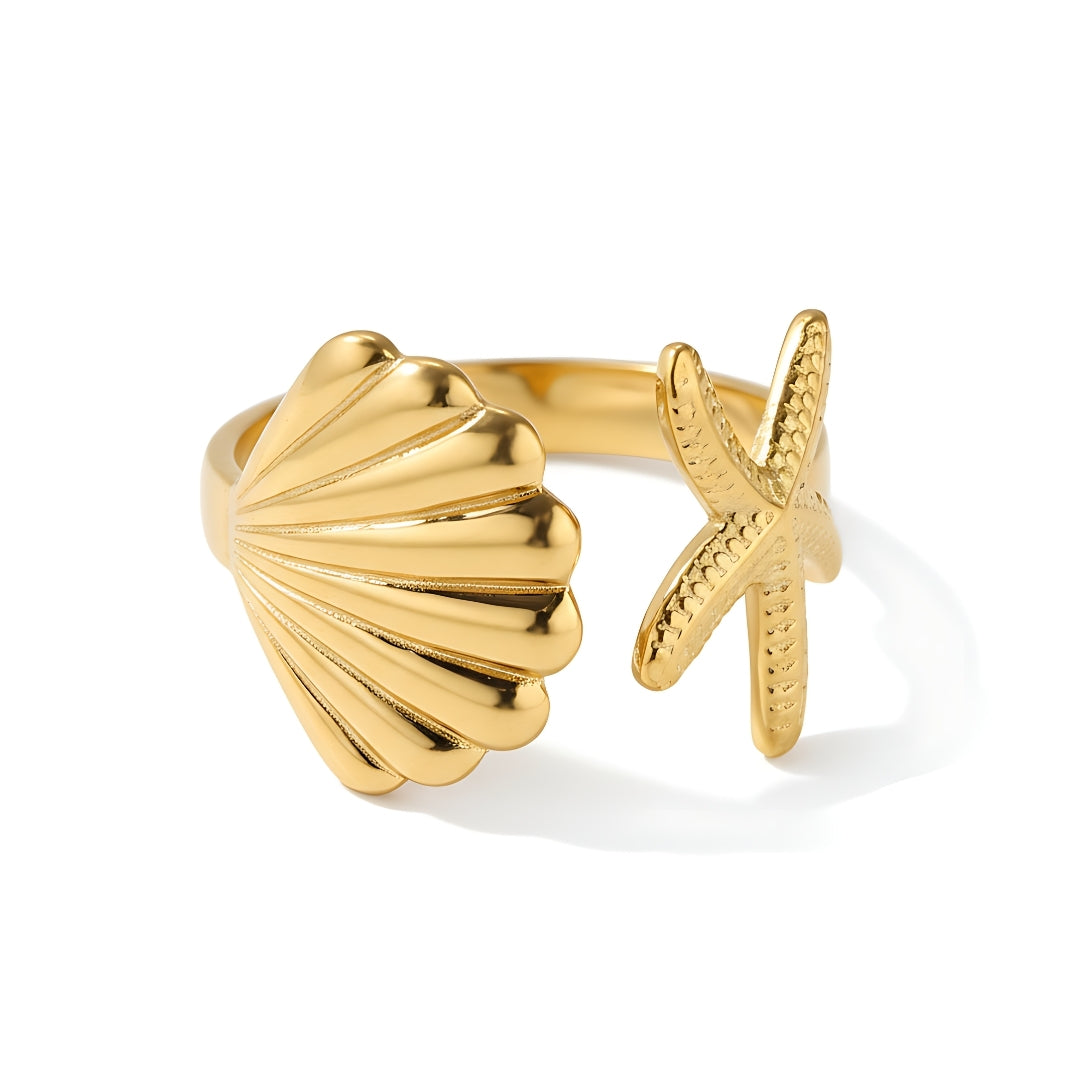 Close-up of Marina Glow Rings Perth Australia Houseofhide showing starfish and shell open ring design.