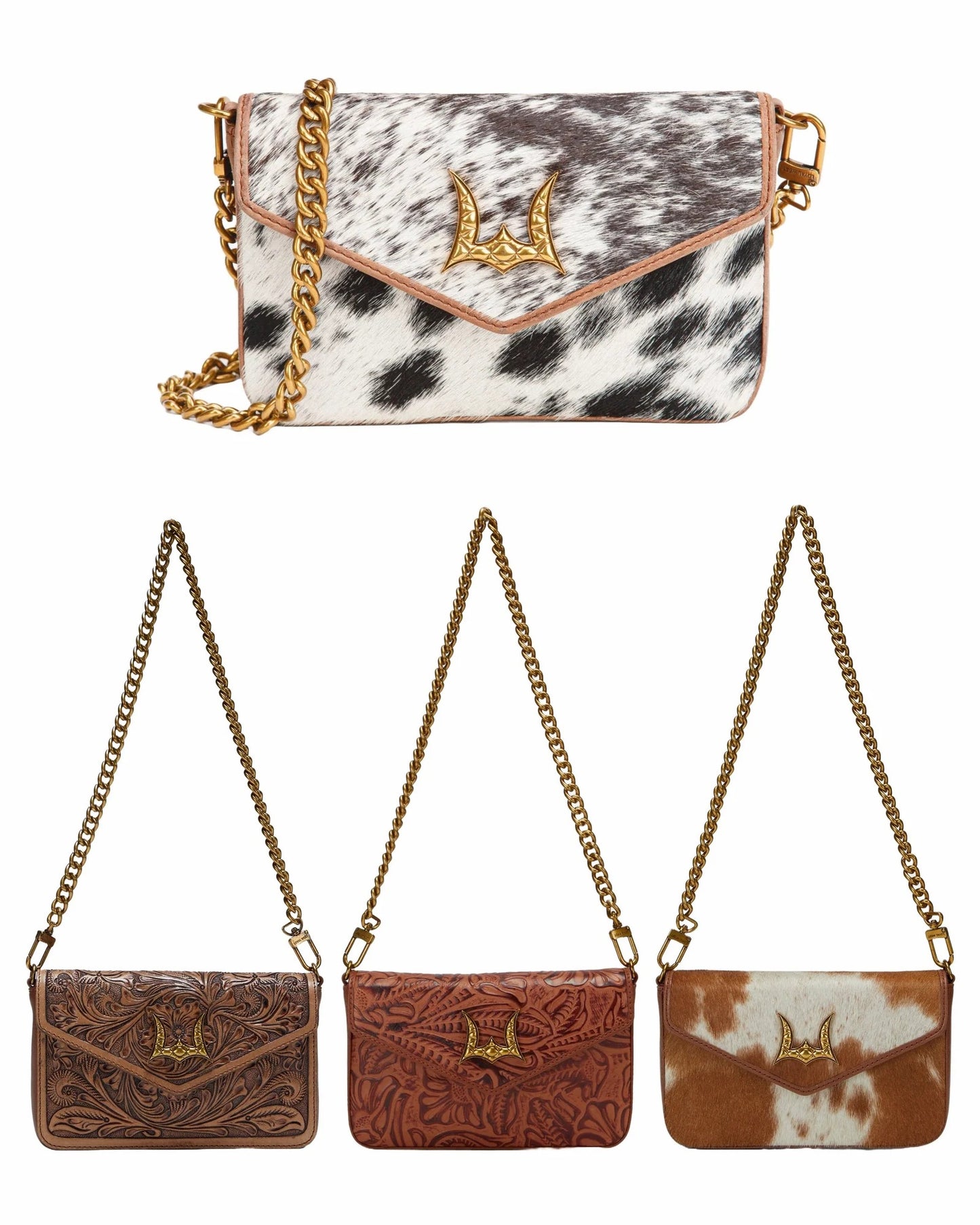Four small flap shoulder bags with chain straps are shown on a white background, including one cowhide bag at the top and three embossed leather bags below in dark brown, reddish-brown, and tan-and-white cowhide.