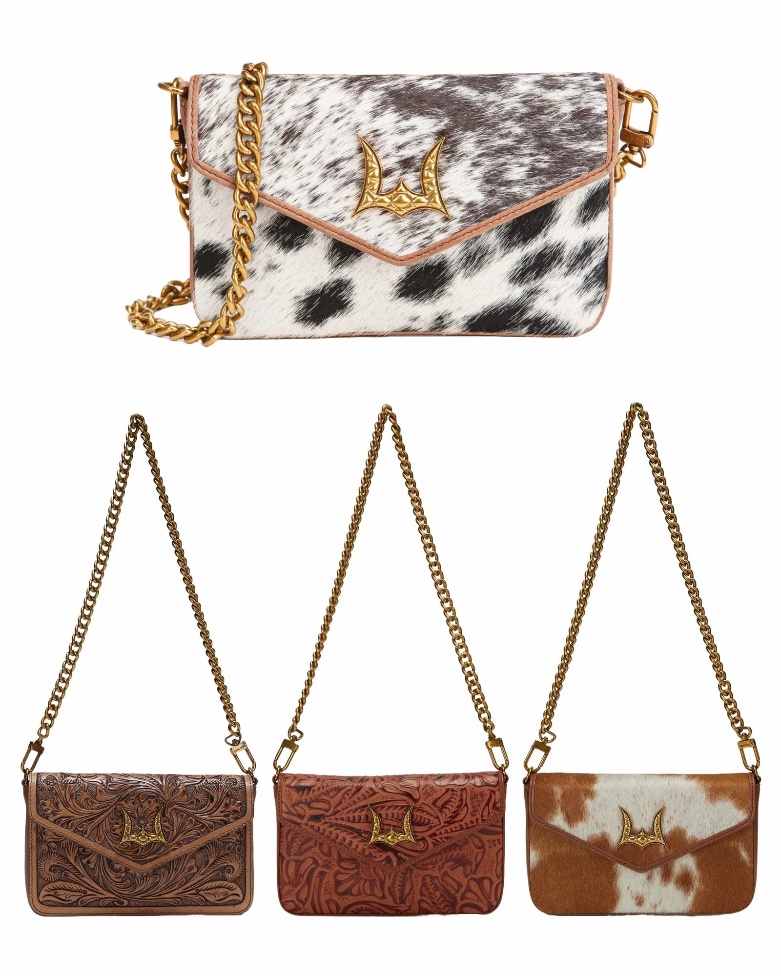 Four small flap shoulder bags with chain straps are shown on a white background, including one cowhide bag at the top and three embossed leather bags below in dark brown, reddish-brown, and tan-and-white cowhide.