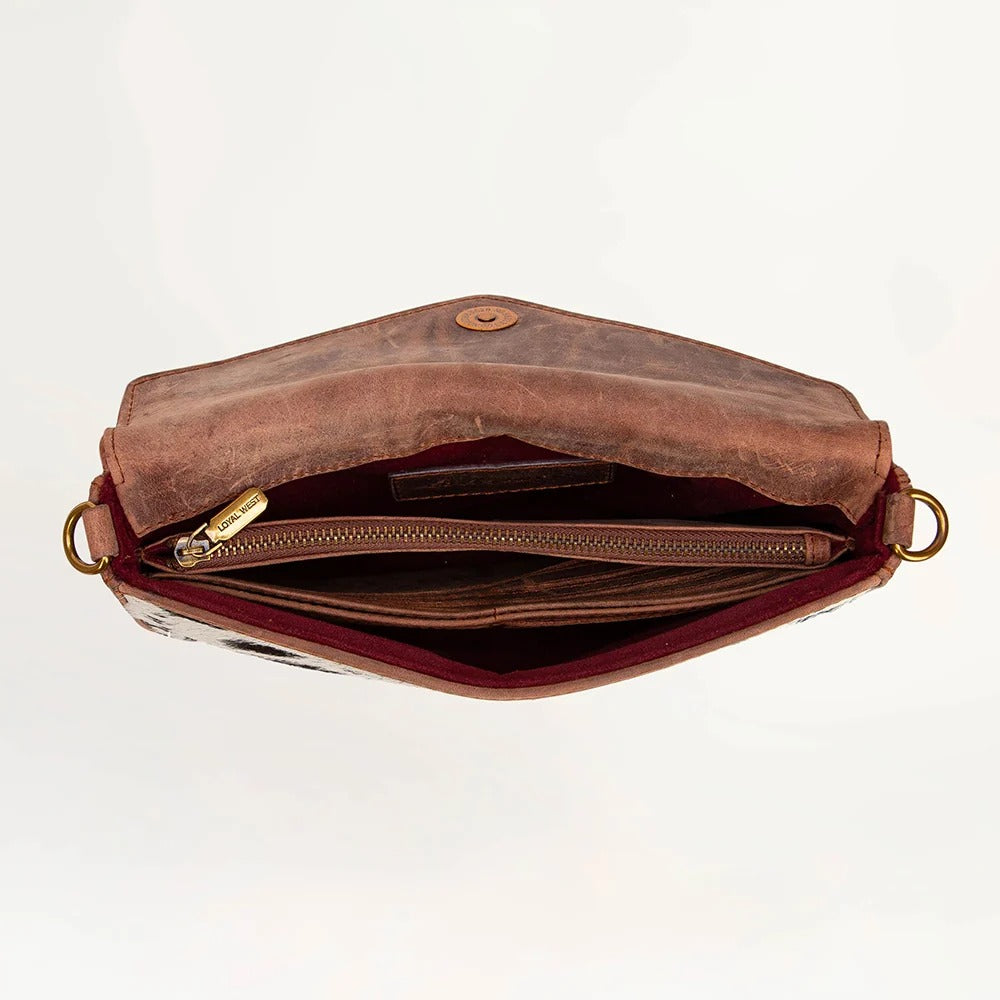 An open brown leather crossbody bag with a gold-tone snap button, zipper compartment, and gold-tone hardware, shown against a plain white background.