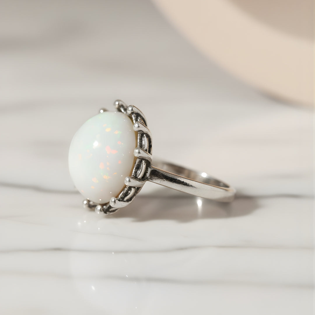 Silver ring featuring large opal gemstone by House of Hide Perth