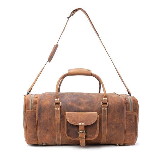 House of Hide genuine leather brown duffel bag with shoulder strap on a white background