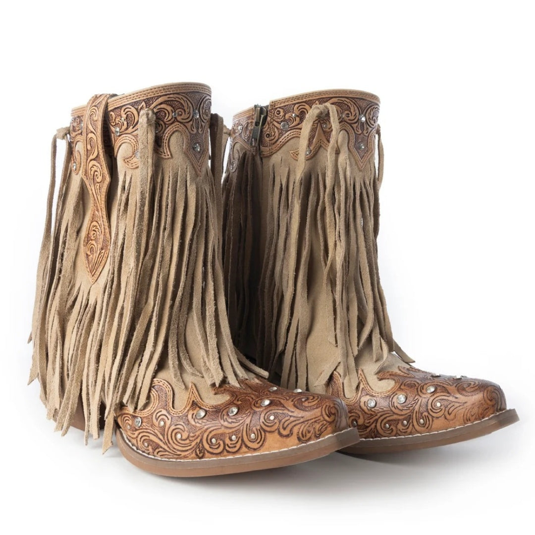 Pair of brown cowboy boots with fringe and intricate designs on a white background