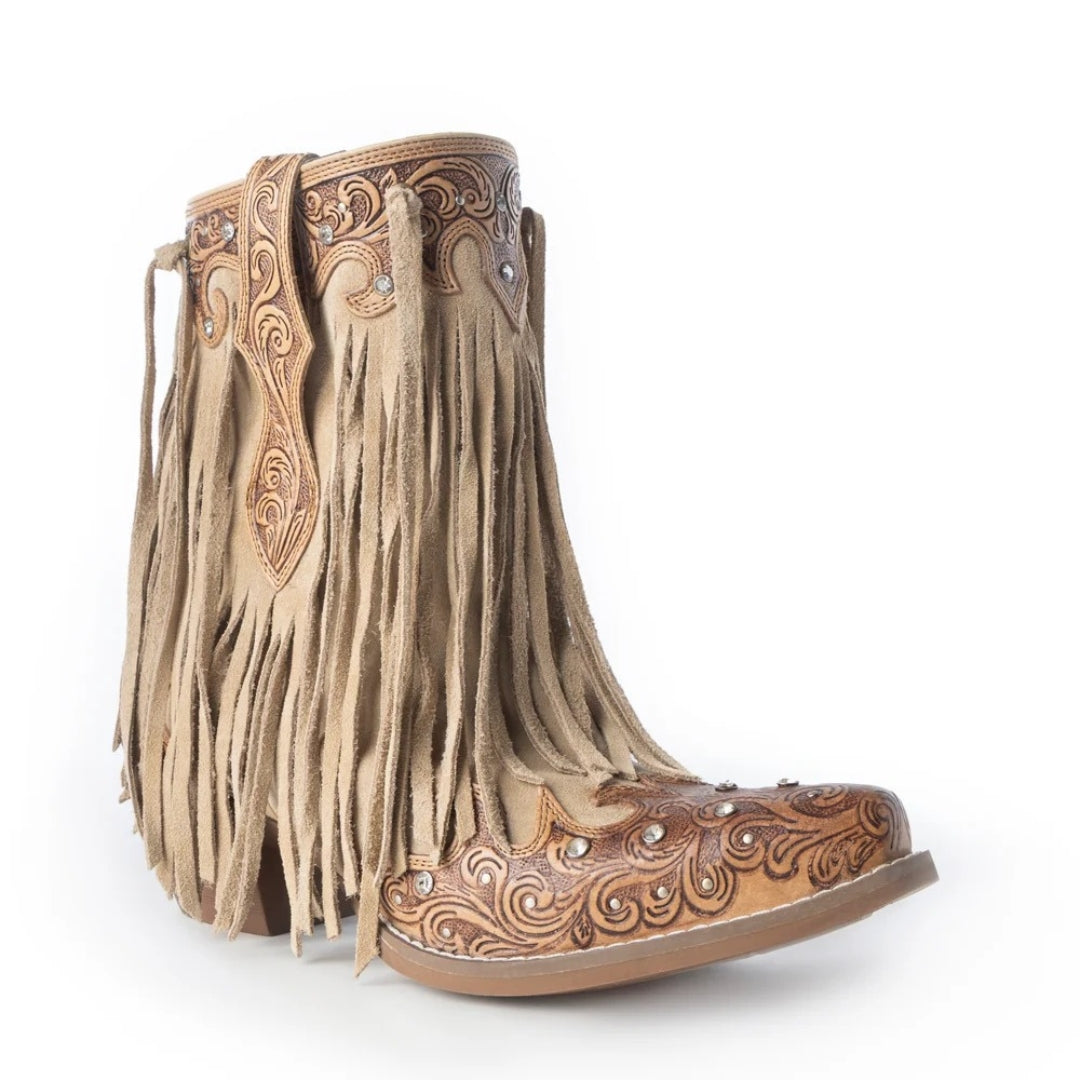 Brown fringe cowboy boot with intricate designs on a white background
