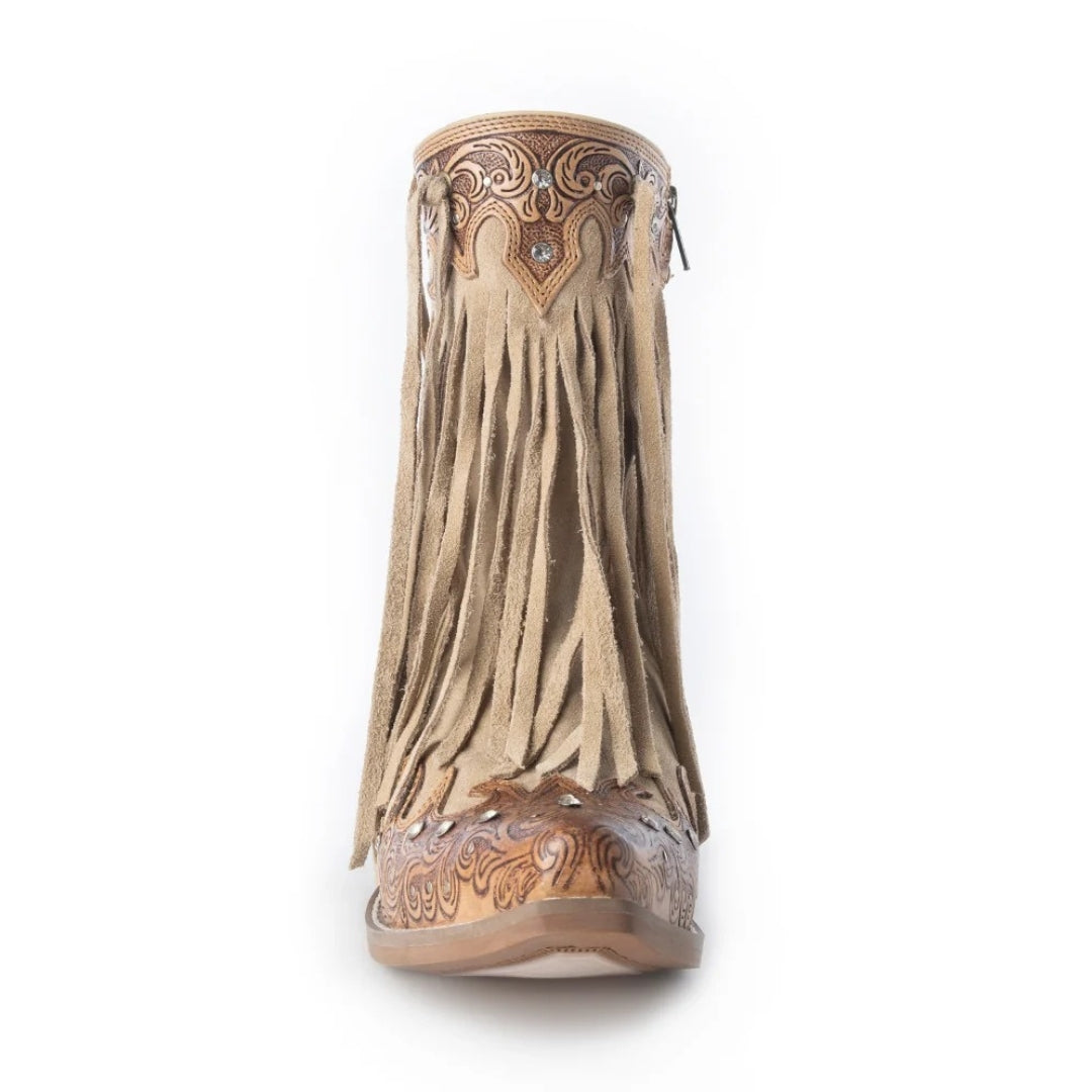 A single light brown suede fringe boot with hand-tooled western-style leather detailing on the toe and collar, shown against a plain white background.