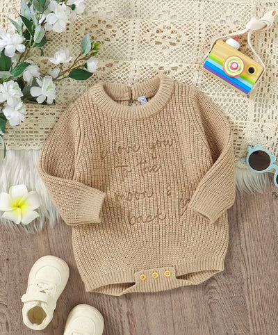 Neutral beige knit baby romper with 'Love You to the Moon & Back' embroidery, featuring soft cotton fabric, short sleeves, and button closure—perfect for Australian newborns and toddlers.