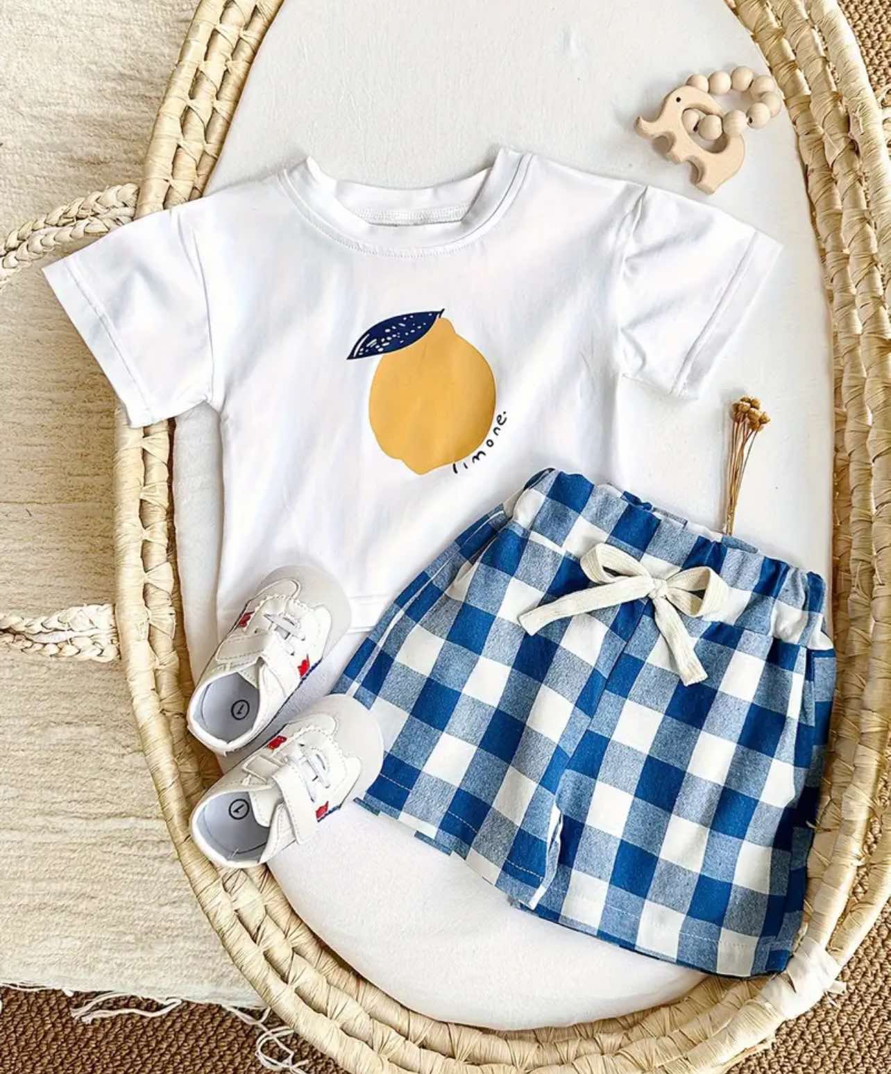 Newborn Summer Clothing: Lemon Tee and Checkered Shorts Set