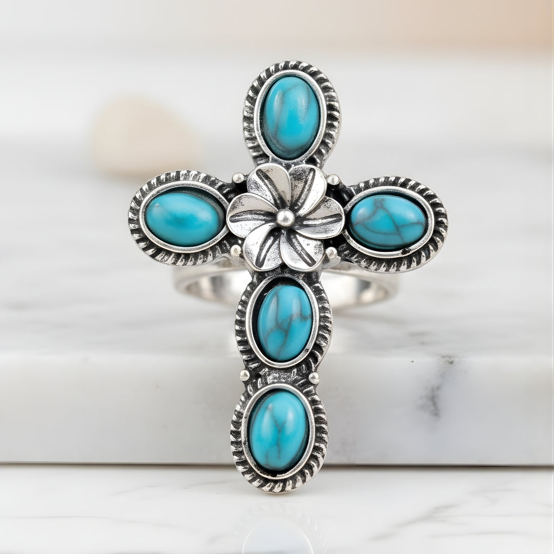 Handcrafted silver turquoise cross ring Perth Australia House of Hide artisan jewellery