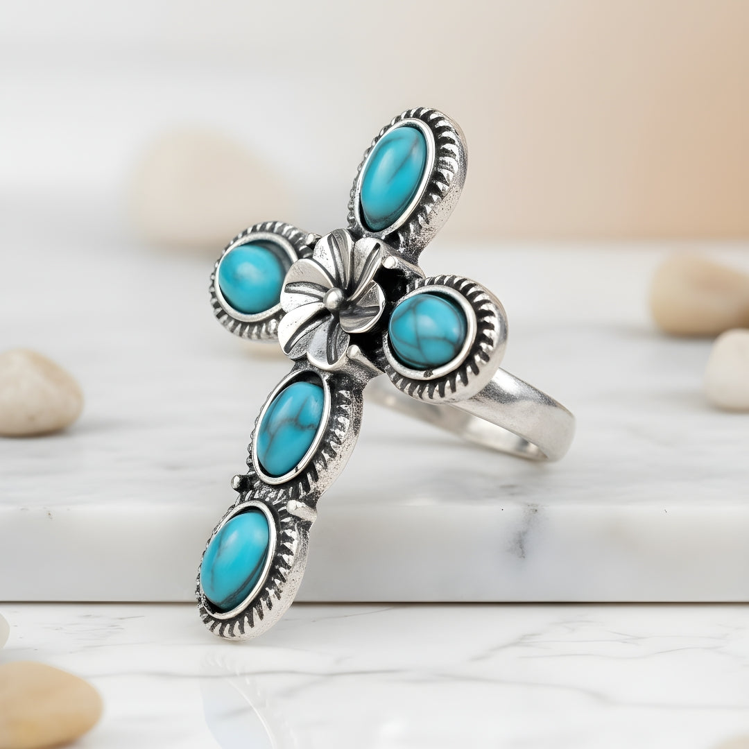Luxury Ocean Bloom Cross Ring Perth House of Hide turquoise and silver statement ring