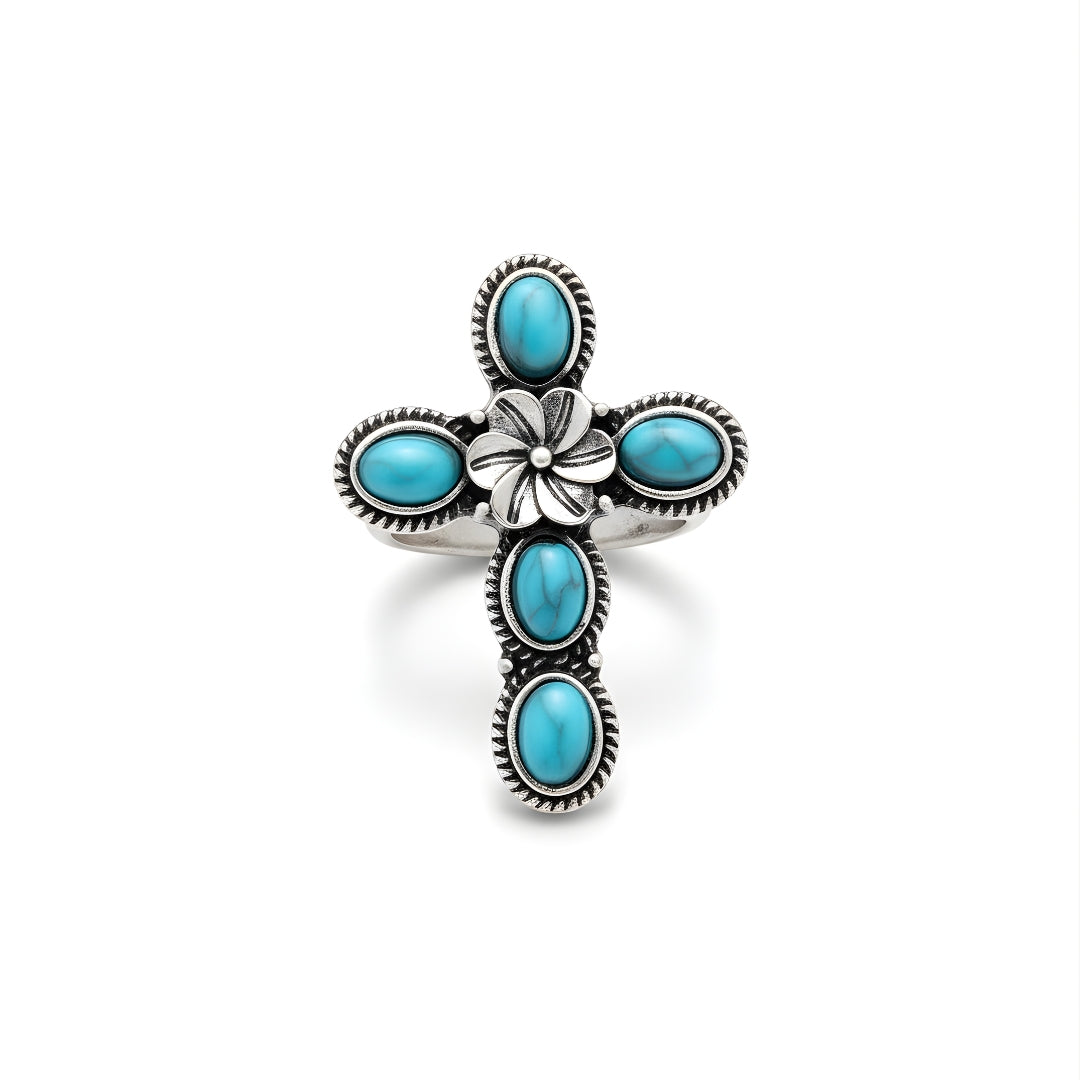 Ocean Bloom Cross Ring Perth Australia House of Hide silver cross ring with turquoise stones on white background