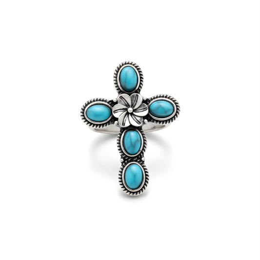 Ocean Bloom Cross Ring Perth Australia House of Hide silver cross ring with turquoise stones on white background