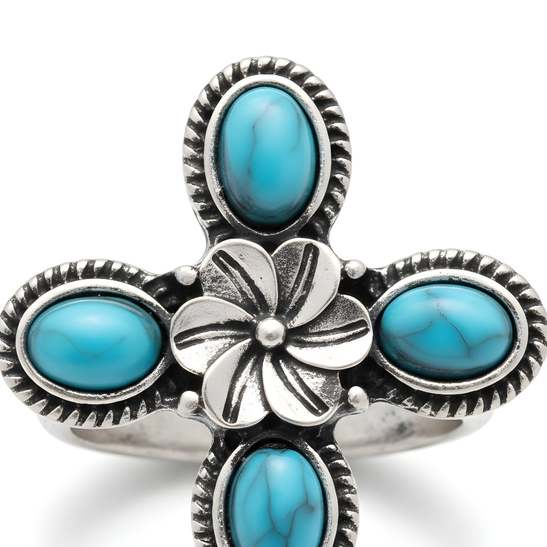 Silver cross ring featuring turquoise gemstones by House of Hide Perth jewellery