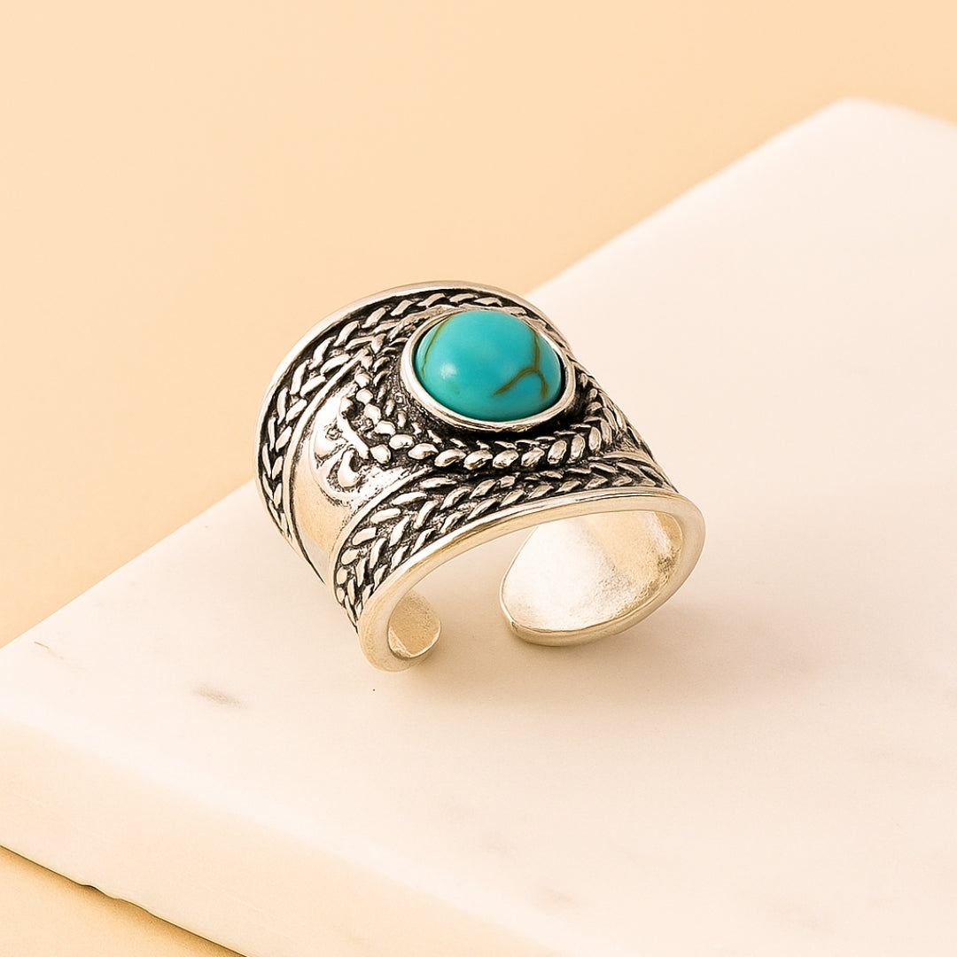 Bold Ocean Stone Ring with turquoise centerpiece and engraved silver band Perth Australia
