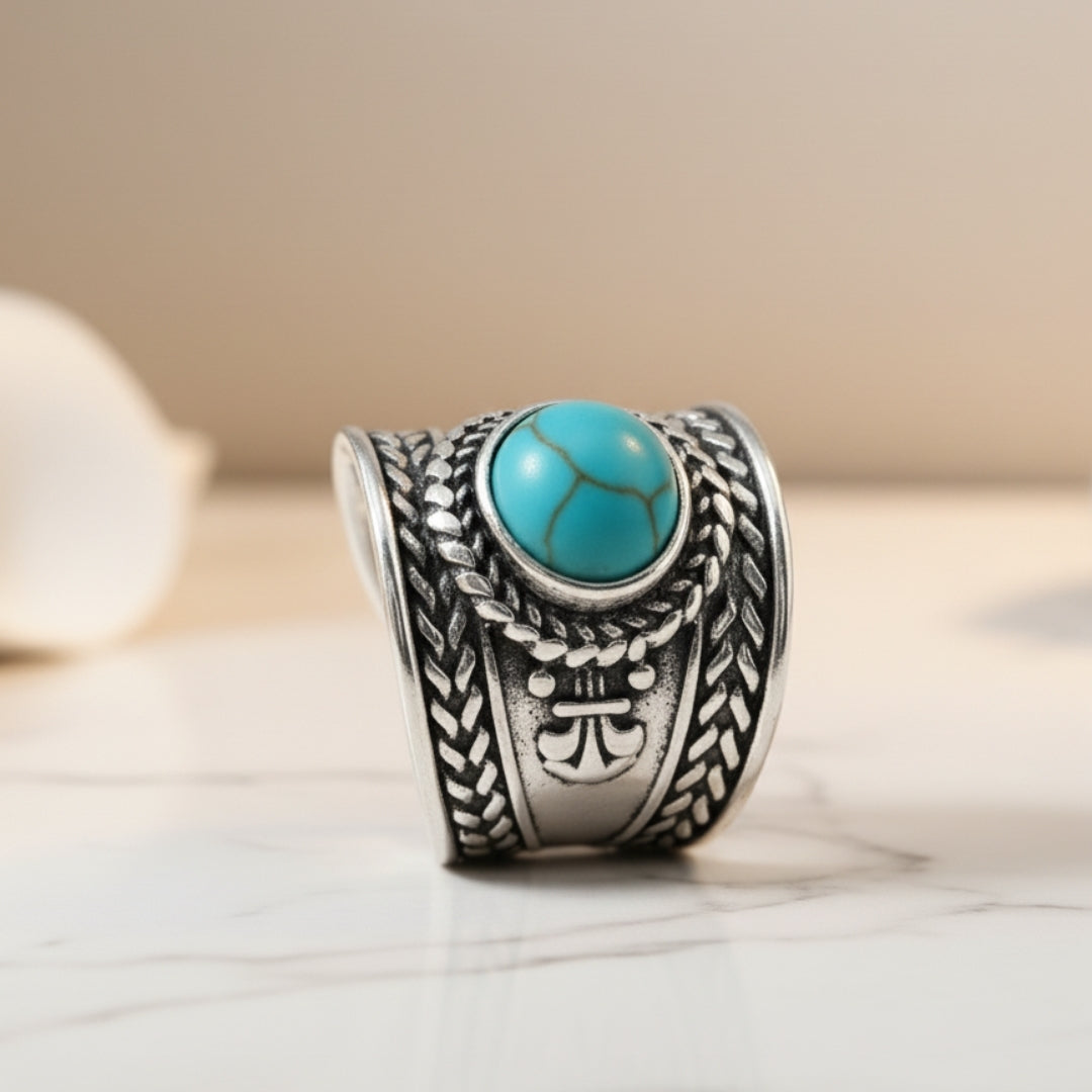 Ocean Stone Statement Ring displayed on white surface with detailed silver engravings and turquoise stone