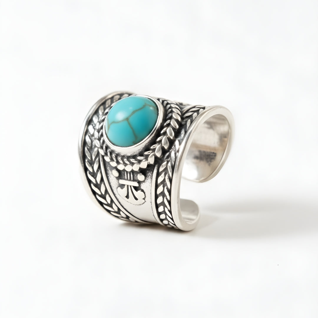 Ocean Stone Statement Ring Perth Australia House of Hide silver turquoise ring with engravings on white background