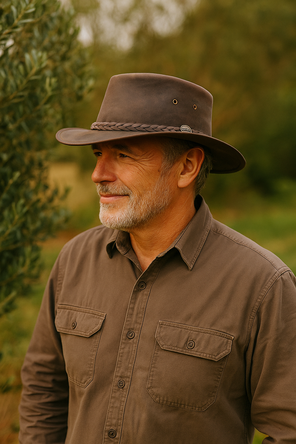 Older man wearing the Barmah 1022CH Squashy Bronco Hat in Two Tone Chocolate, sitting in a park during a lifestyle photoshoot. The hat features a two-tone brown leather finish, braided band with Barmah Australia badge, and the iconic foldable Squashy shape—ideal for stylish, travel-friendly outdoor wear
