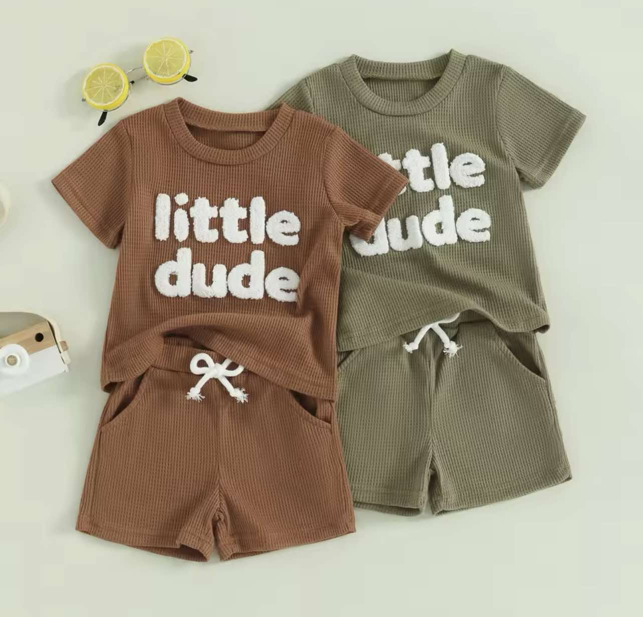 Your little guy will love this Olive Little Dude Summer Set—cool, comfy, and effortlessly stylish with its embroidered script and soft cotton blend, ideal for any warm-weather adventure.