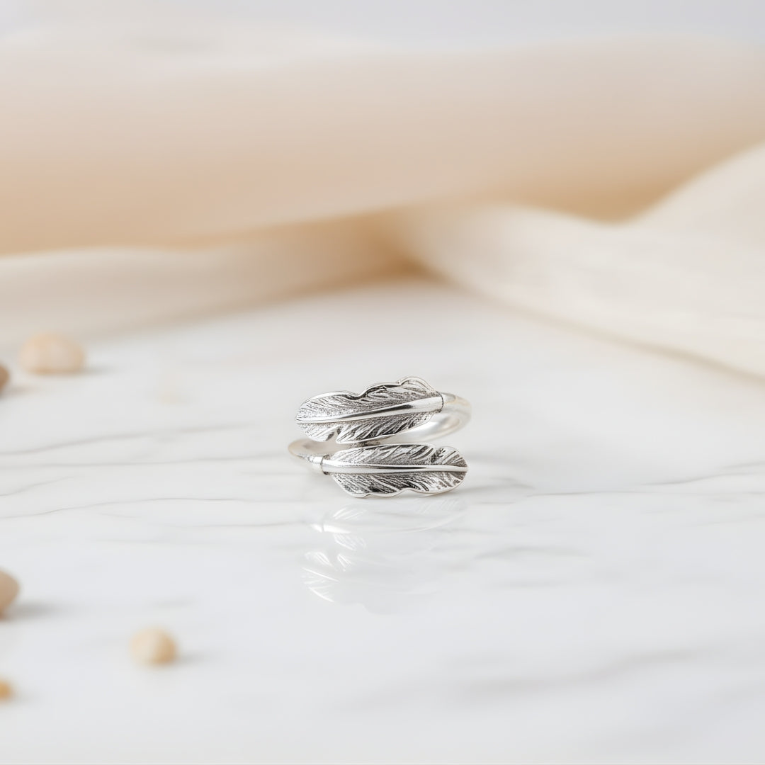 Palm Breeze Feather Ring featuring elegant feather design Perth Australia silver jewellery