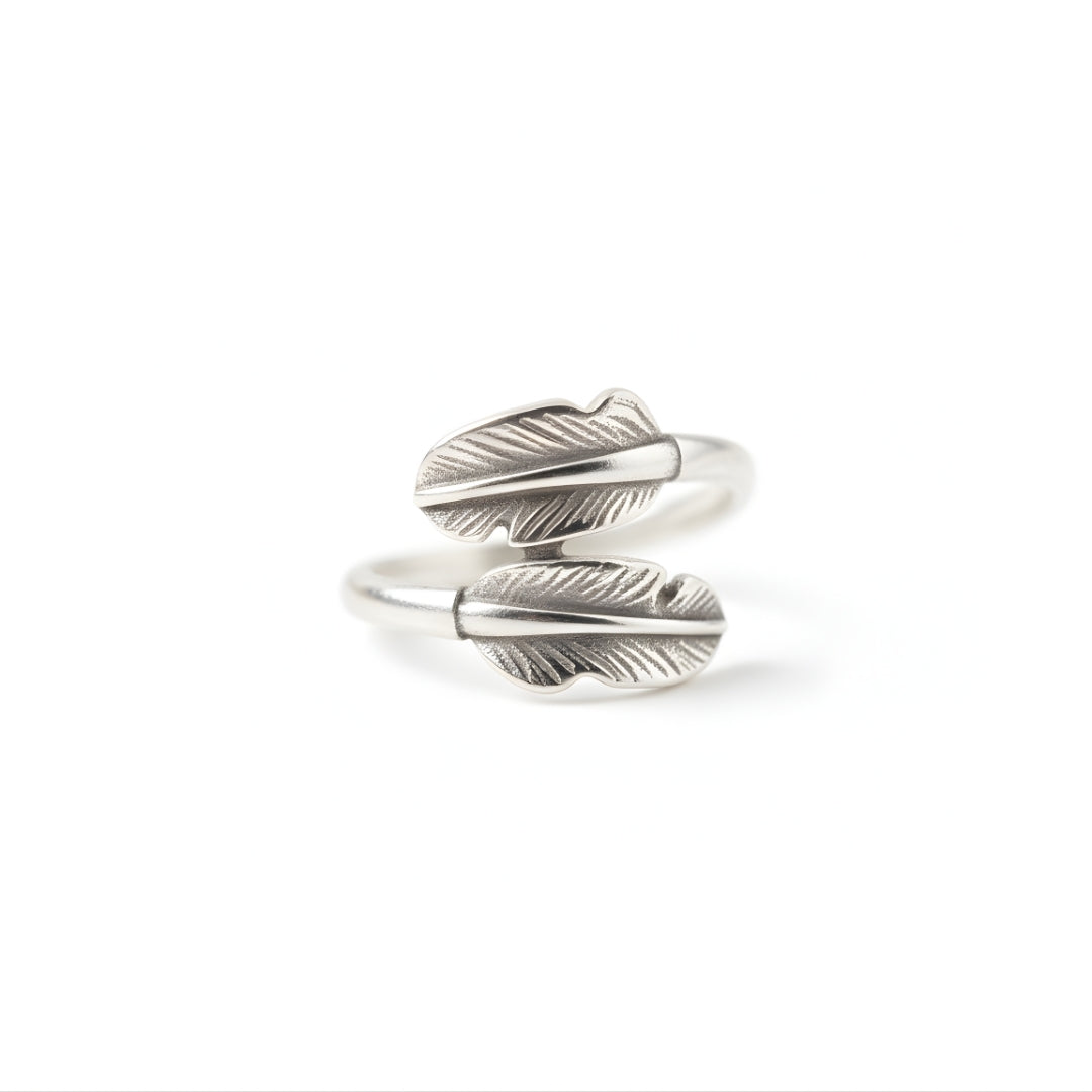 Palm Breeze Feather Ring Perth Australia House of Hide silver feather-shaped ring on white background