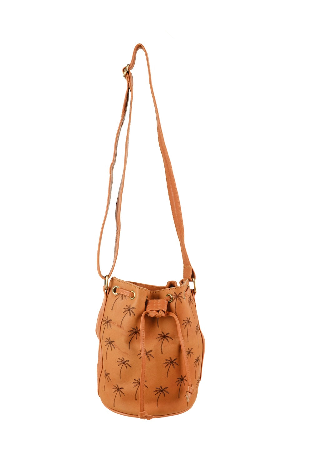 Palm print leather handbag with drawstring opening