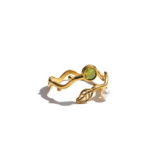 Elegant Pearl Leaf Harmony Ring with pearl and leaf motif, reflecting timeless sophistication and oceanic charm.