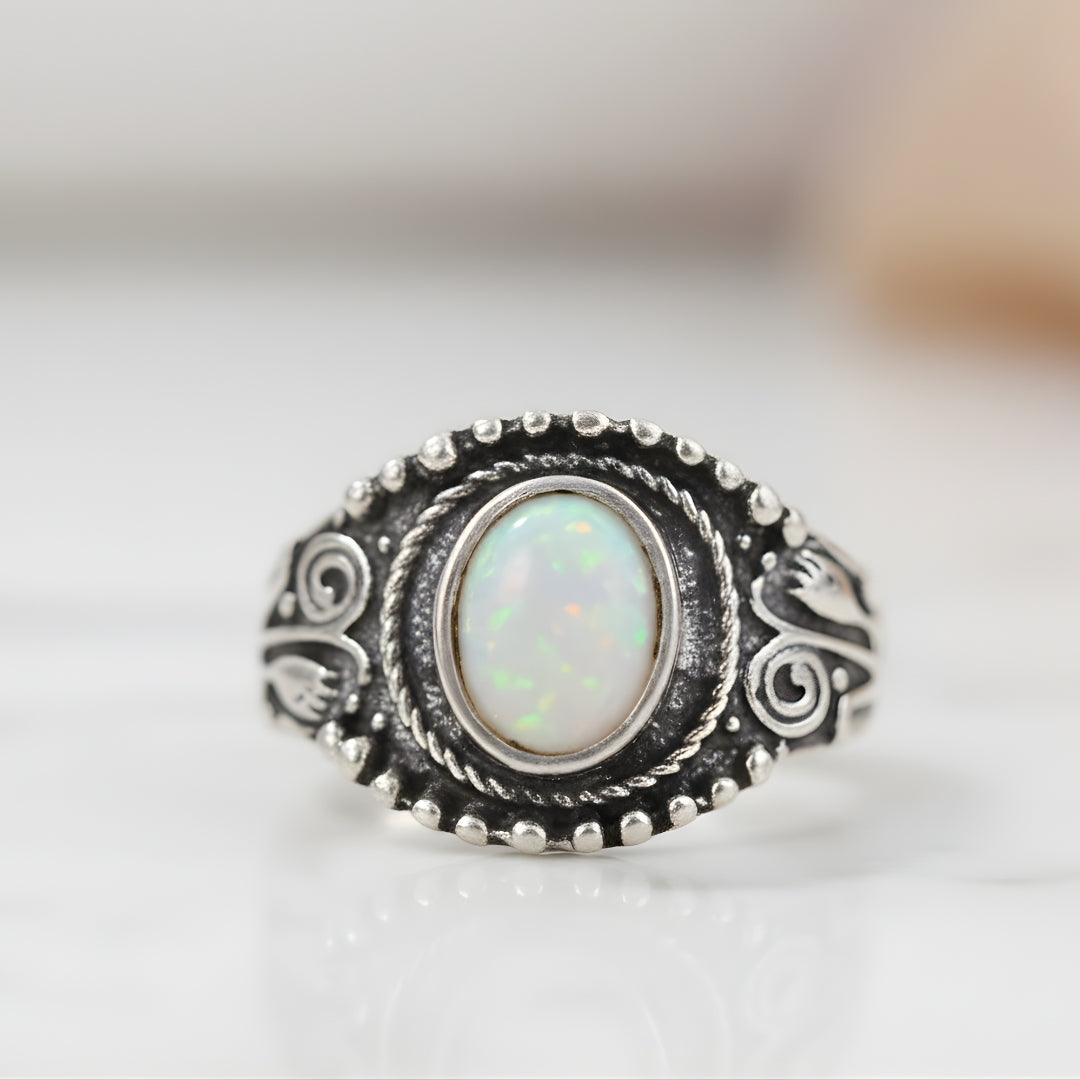 Pearl Reef Ring Perth Australia House of Hide silver opal ring with engraved band on white background