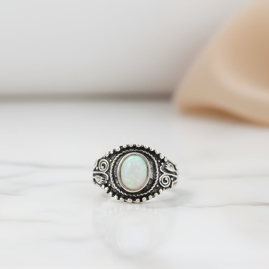 Elegant silver opal ring Perth Australia House of Hide crafted with engraved details