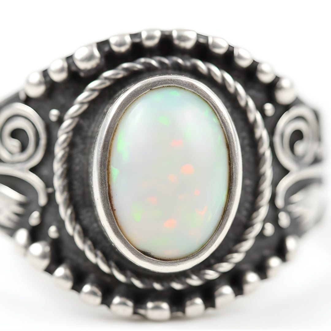 Pearl Reef Opal Ring displayed on white surface with detailed silver engravings luxury design