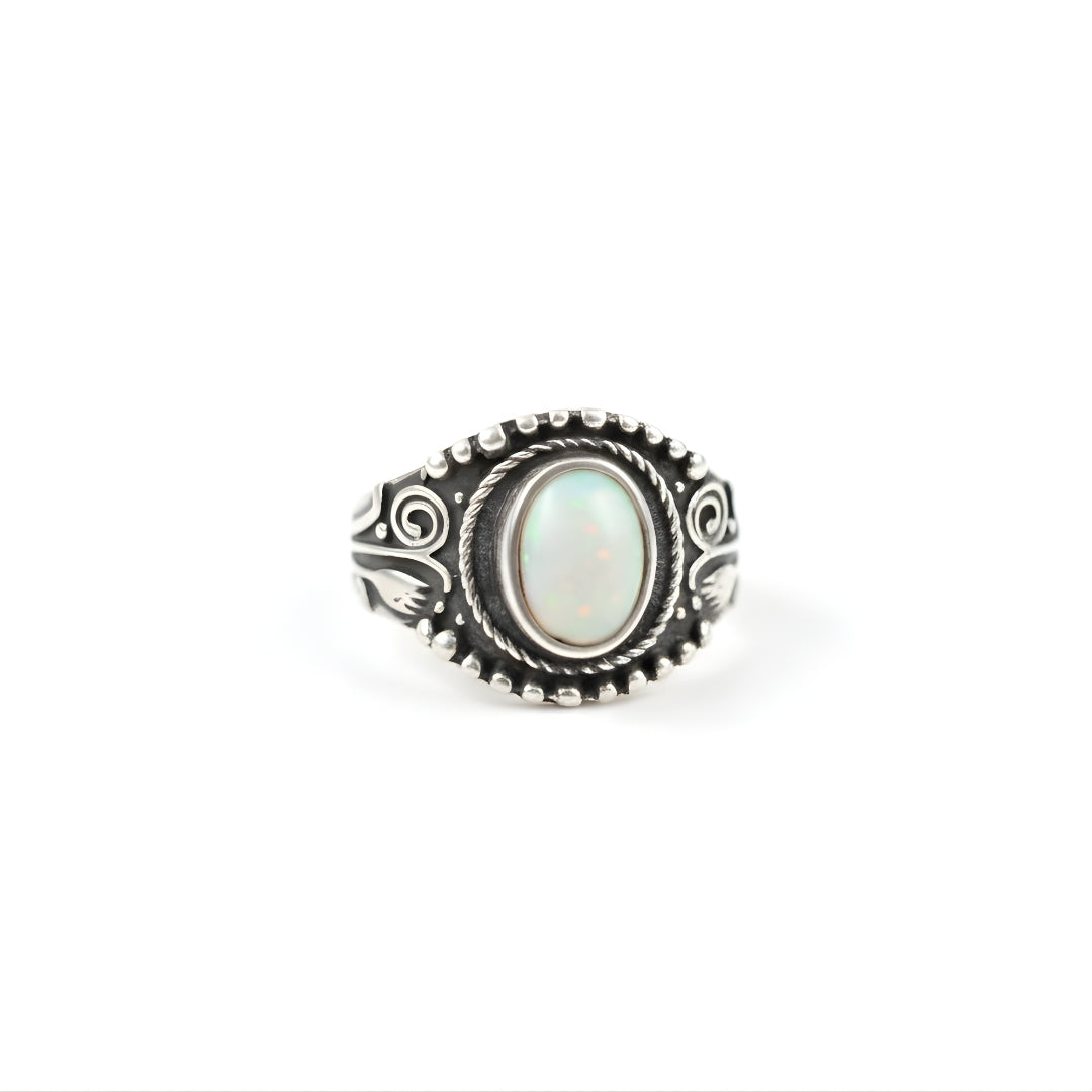Engraved silver ring featuring opal stone by House of Hide Perth jewellery