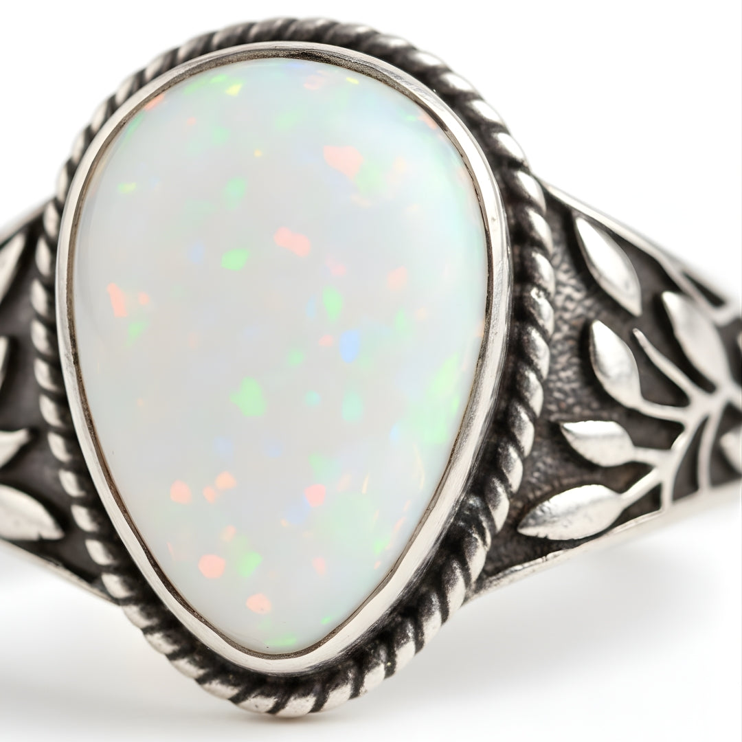 Silver ring featuring white opal stone and delicate leaf details by House of Hide Perth