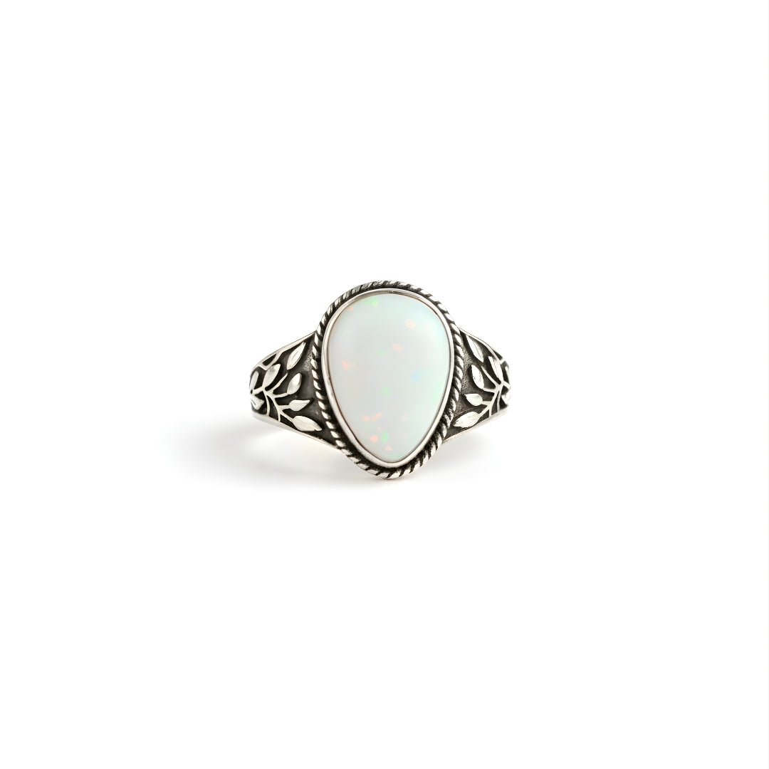 Pearl of the Palms Ring Perth Australia House of Hide silver opal ring with leaf design on white background