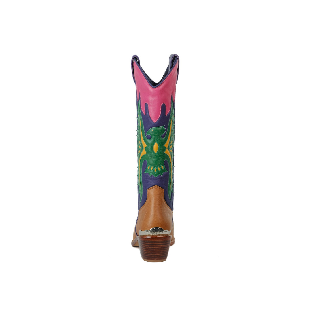 A single cowboy boot shown from the back on a plain white background, featuring a tan leather lower section, a dark purple shaft, a bright pink collar, and a green and yellow decorative graphic design on the back.