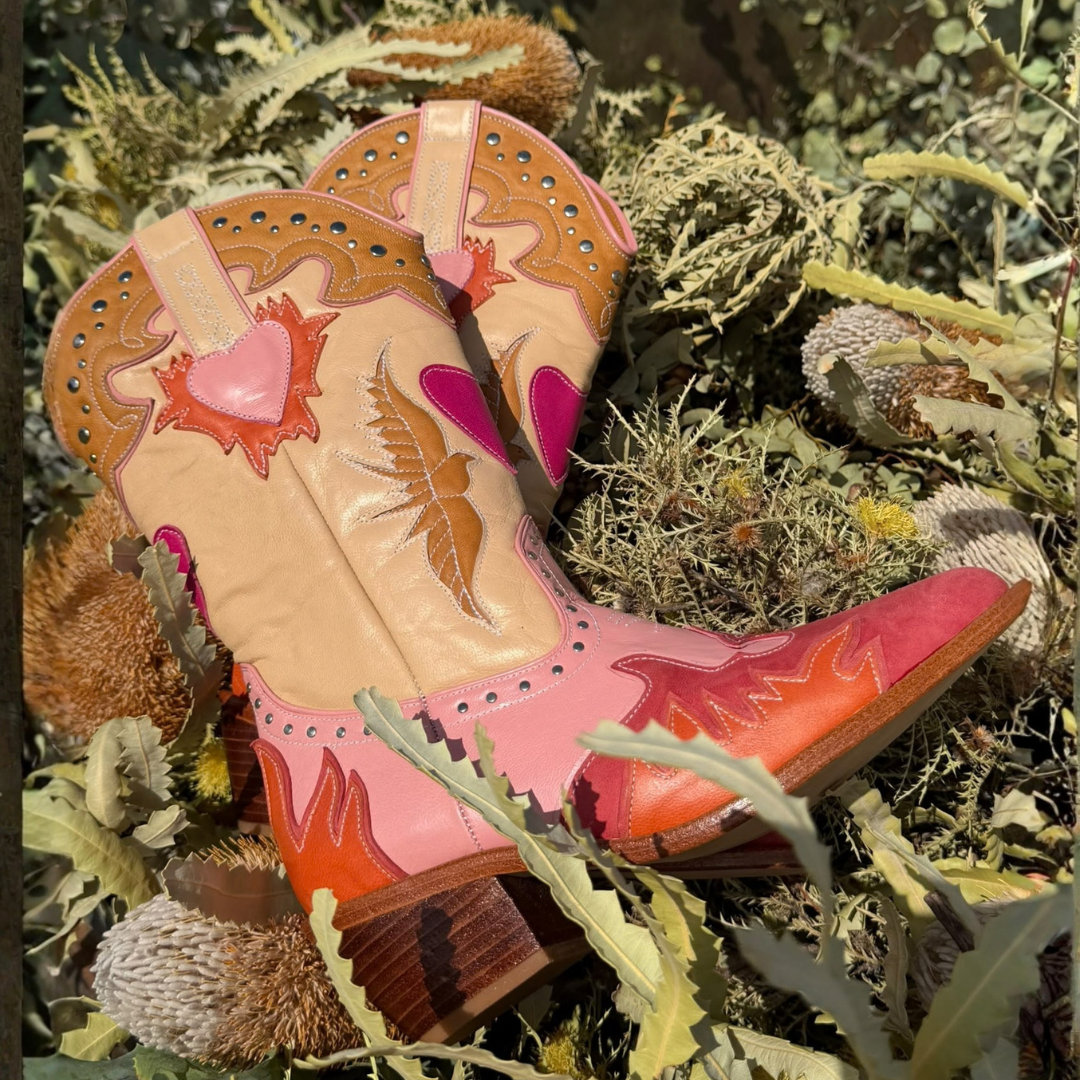 A pair of western-style cowboy boots with a pink, orange, and beige color-blocked design, decorated with embroidered hearts, stars, and a bird motif, styled among dried green plants.