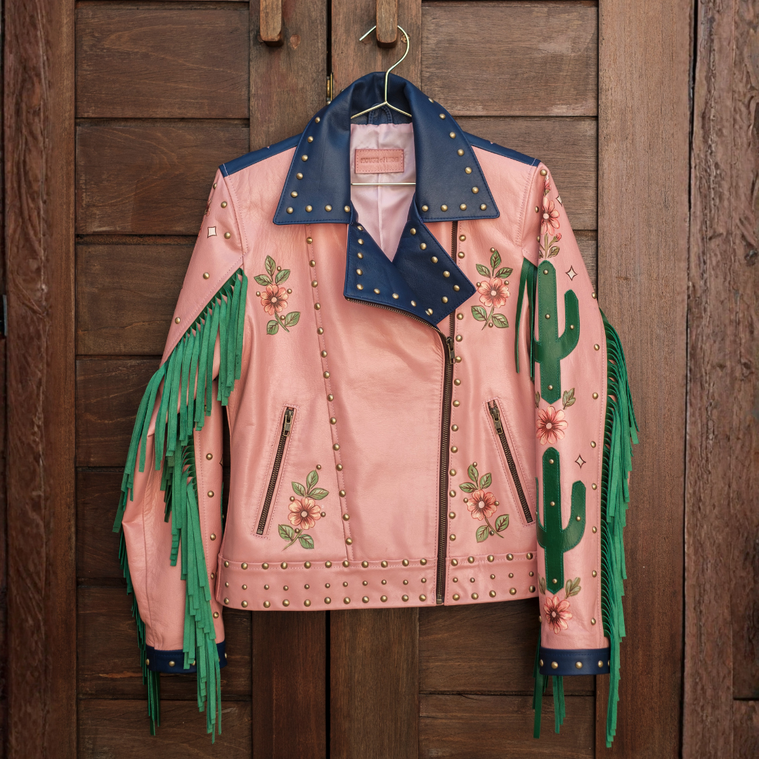 Premium Western leather jacket featuring hand-painted longhorn, green fringe and antique gold stud detailing