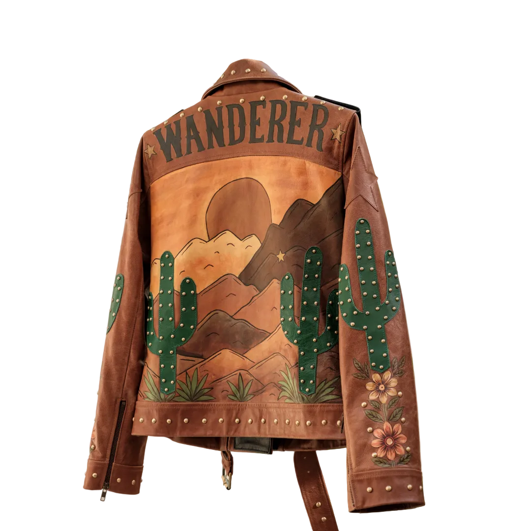 Premium brown leather Western jacket featuring hand-painted desert artwork and oversized fit.