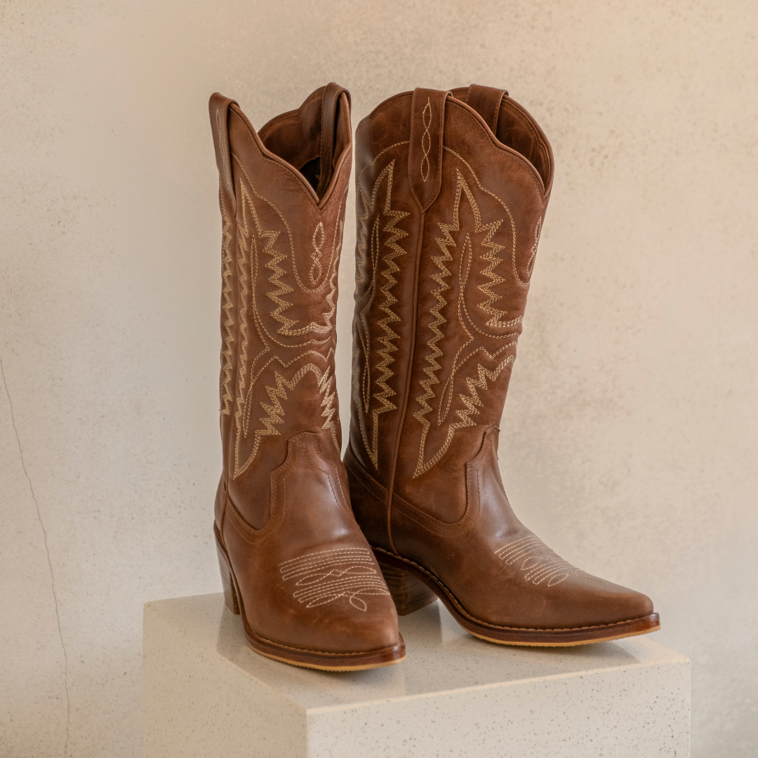 Premium handcrafted Western cowboy boots with stacked heel and timeless leather design