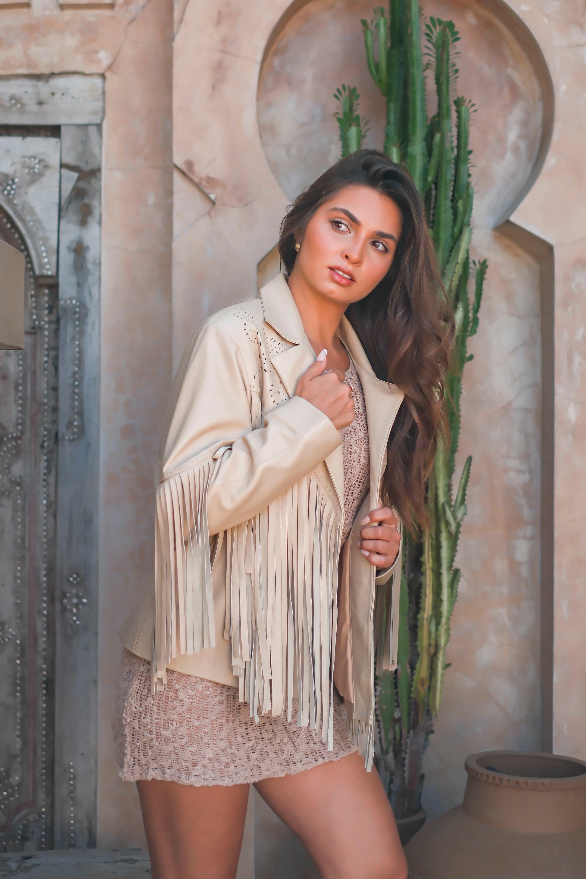 Premium soft leather fringe jacket in white