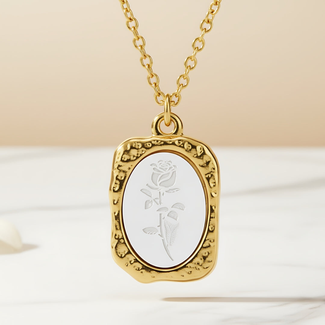 Handcrafted gold necklace with detailed floral engraving Perth Australia House of Hide