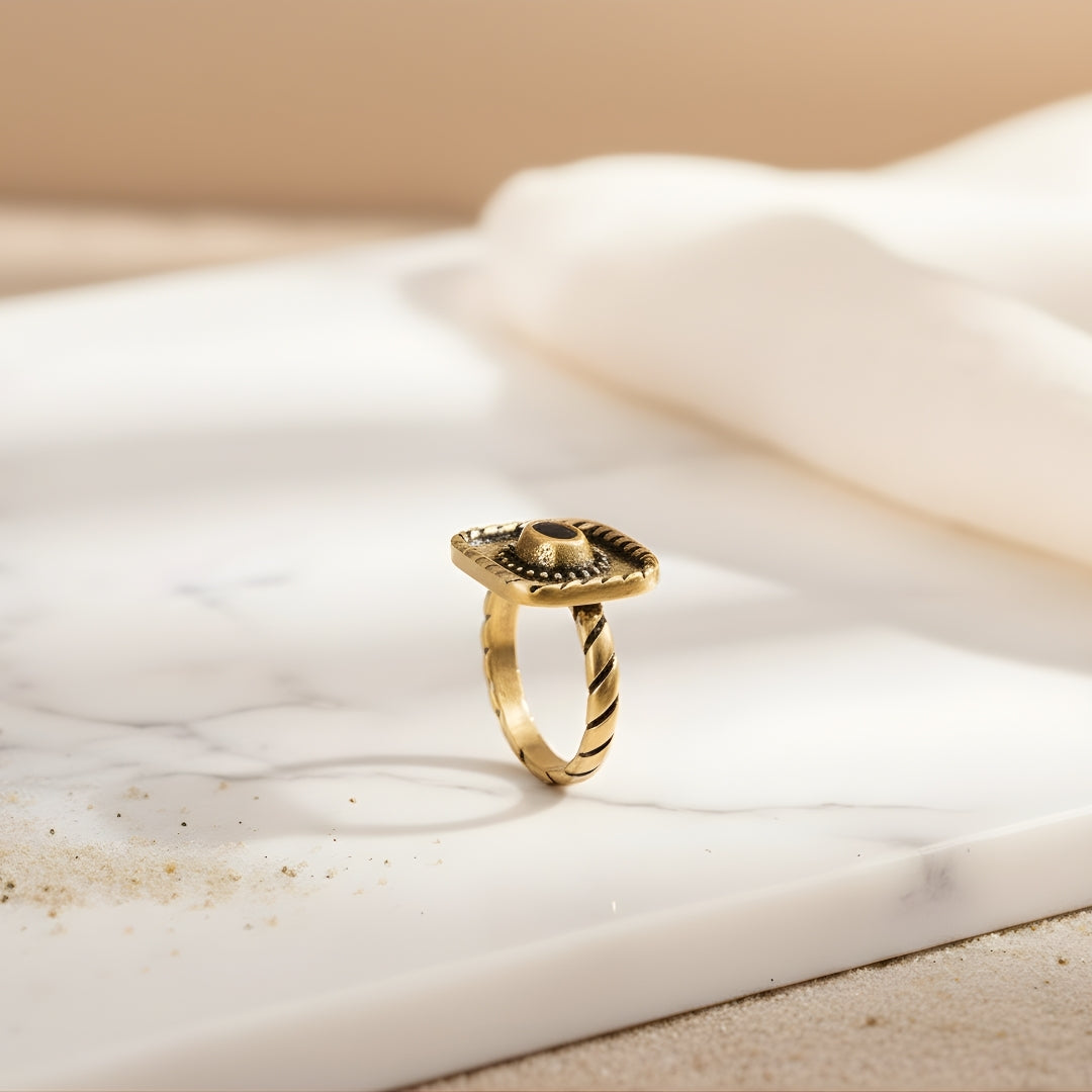 Rustic Rodeo gold ring displayed on white surface Perth Australia artisan jewellery